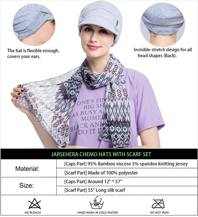 JarseHera Chemo Hats for Women Bamboo Cotton Lined Newsboy Caps with Scarf Double Loop Headwear for Cancer Hair Loss Light Gray - Image 2